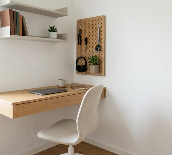 Espace bureau minimaliste dans un coin lumineux avec bureau mural pliant et chaise ergonomique