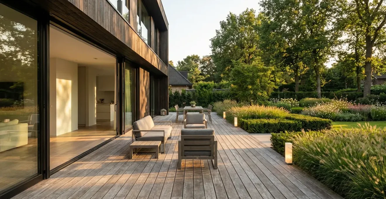 Terrasse en bois moderne avec jardin paysager et maison contemporaine