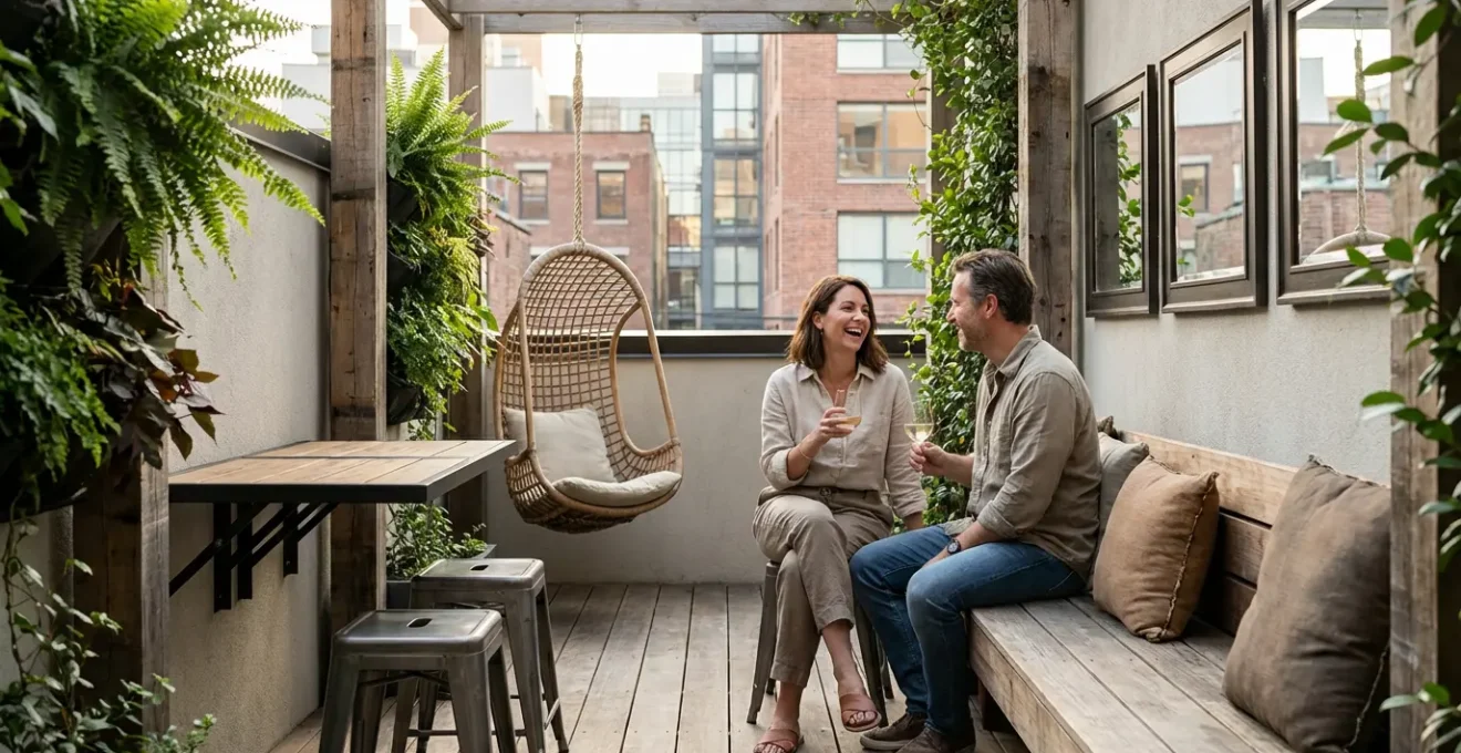 Terrasse étroite optimisée avec mobilier multifonction et aménagement vertical