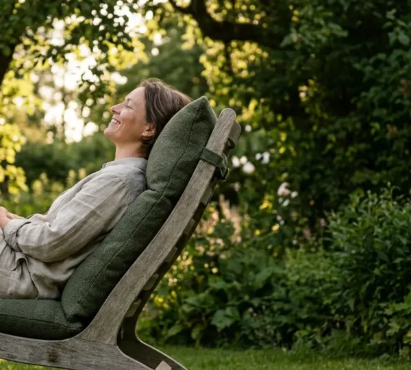 Personne détendue dans un fauteuil de jardin ergonomique avec coussin à densité optimale, posture droite, environnement jardin ensoleillé