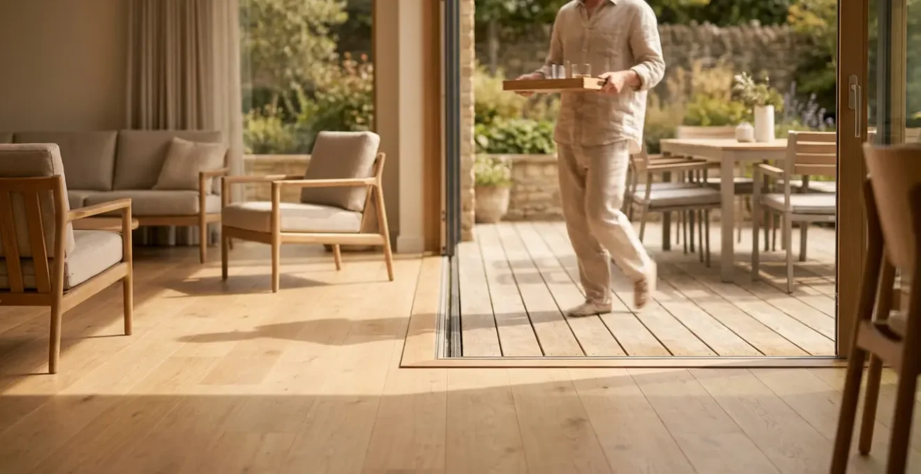 Salon moderne avec baie vitrée à galandage ouverte sur une terrasse en bois, créant un effet de continuité dedans-dehors.
