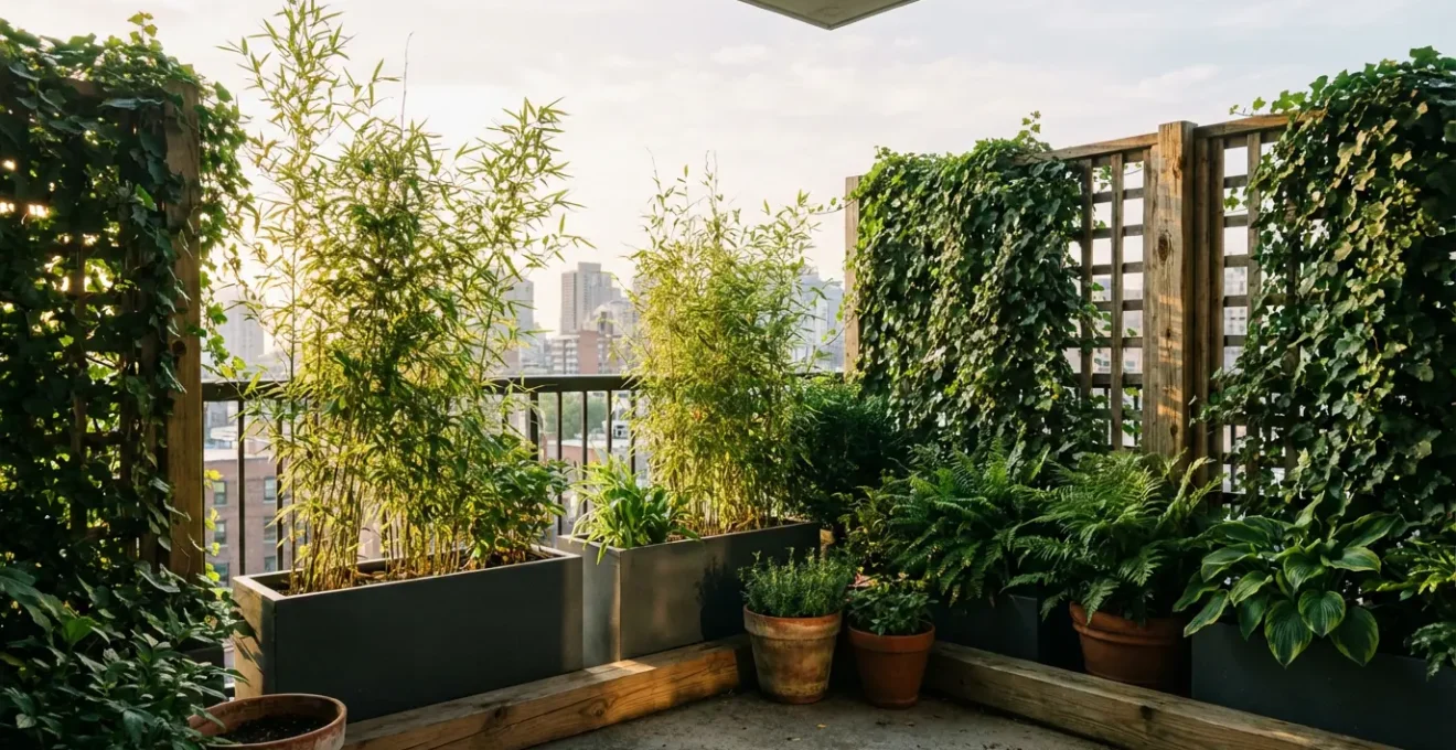 Vue panoramique d'un balcon de ville avec bambous en pots et végétation luxuriante créant un écran naturel d'intimité