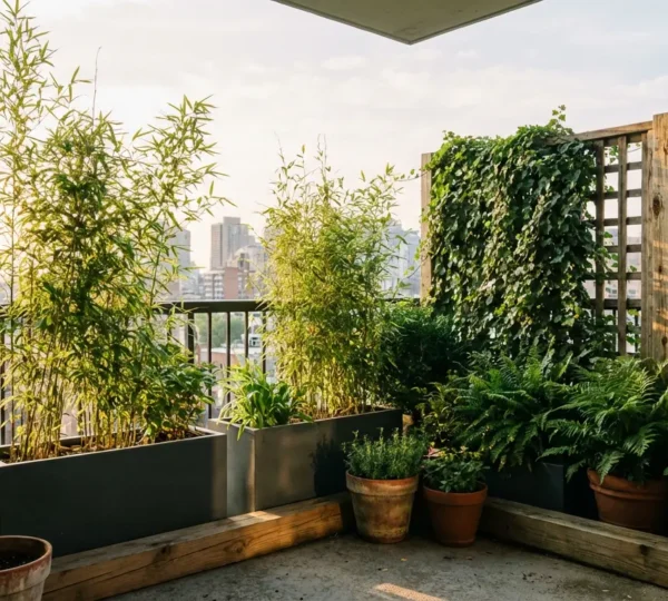 Vue panoramique d'un balcon de ville avec bambous en pots et végétation luxuriante créant un écran naturel d'intimité