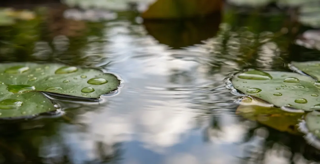 Gros plan sur la surface d'un bassin naturel avec des plantes aquatiques et des reflets lumineux