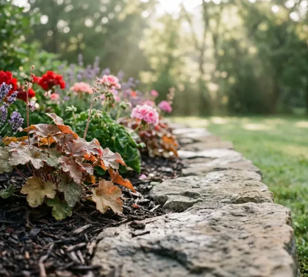 Bordure de jardin fleurie colorée avec pierres naturelles bloquant naturellement les mauvaises herbes