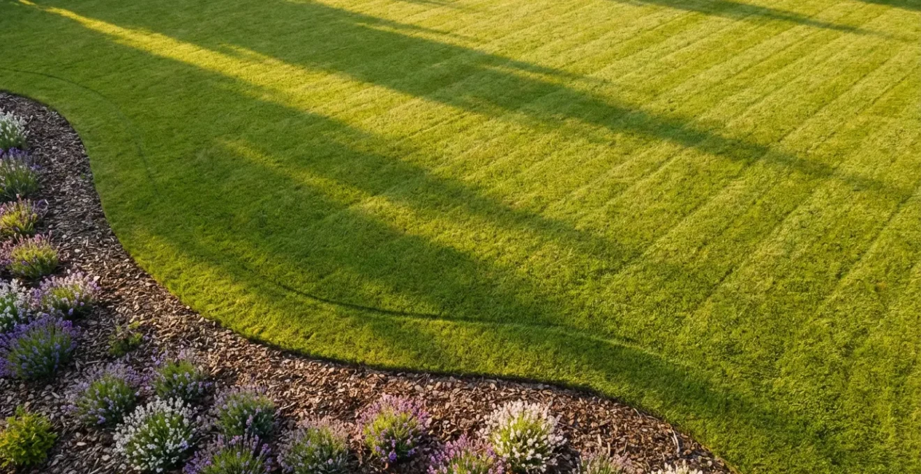 Vue aérienne d'une bordure de jardin montrant l'espacement optimal pour le passage de la tondeuse