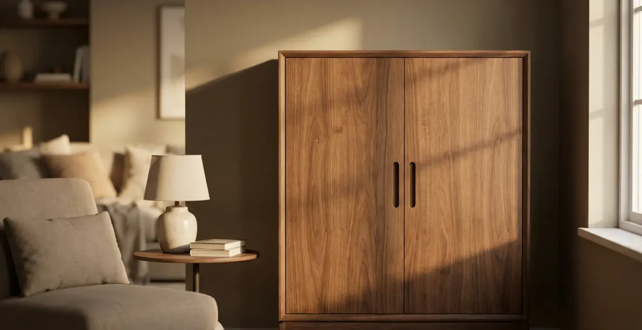 Bureau secrétaire en bois fermé dans un salon, créant une séparation visuelle nette