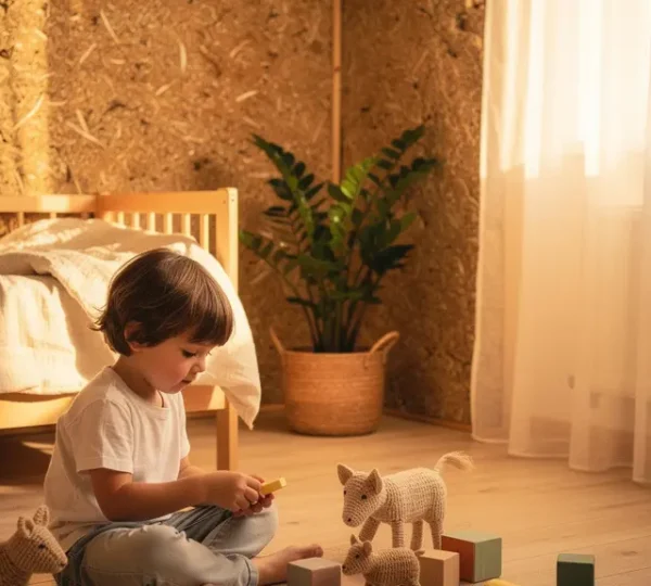 Chambre d'enfant lumineuse avec murs en matériaux naturels et atmosphère saine