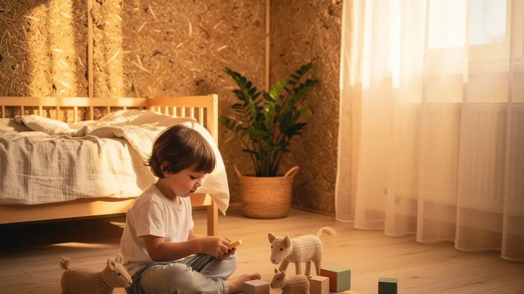 Chambre d'enfant lumineuse avec murs en matériaux naturels et atmosphère saine