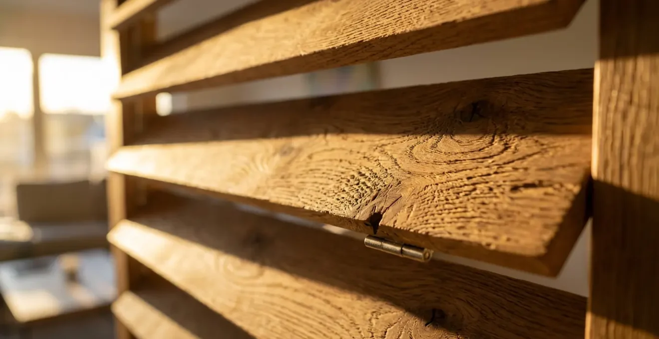 Claustra en bois avec lames orientables filtrant la lumière naturelle dans un studio