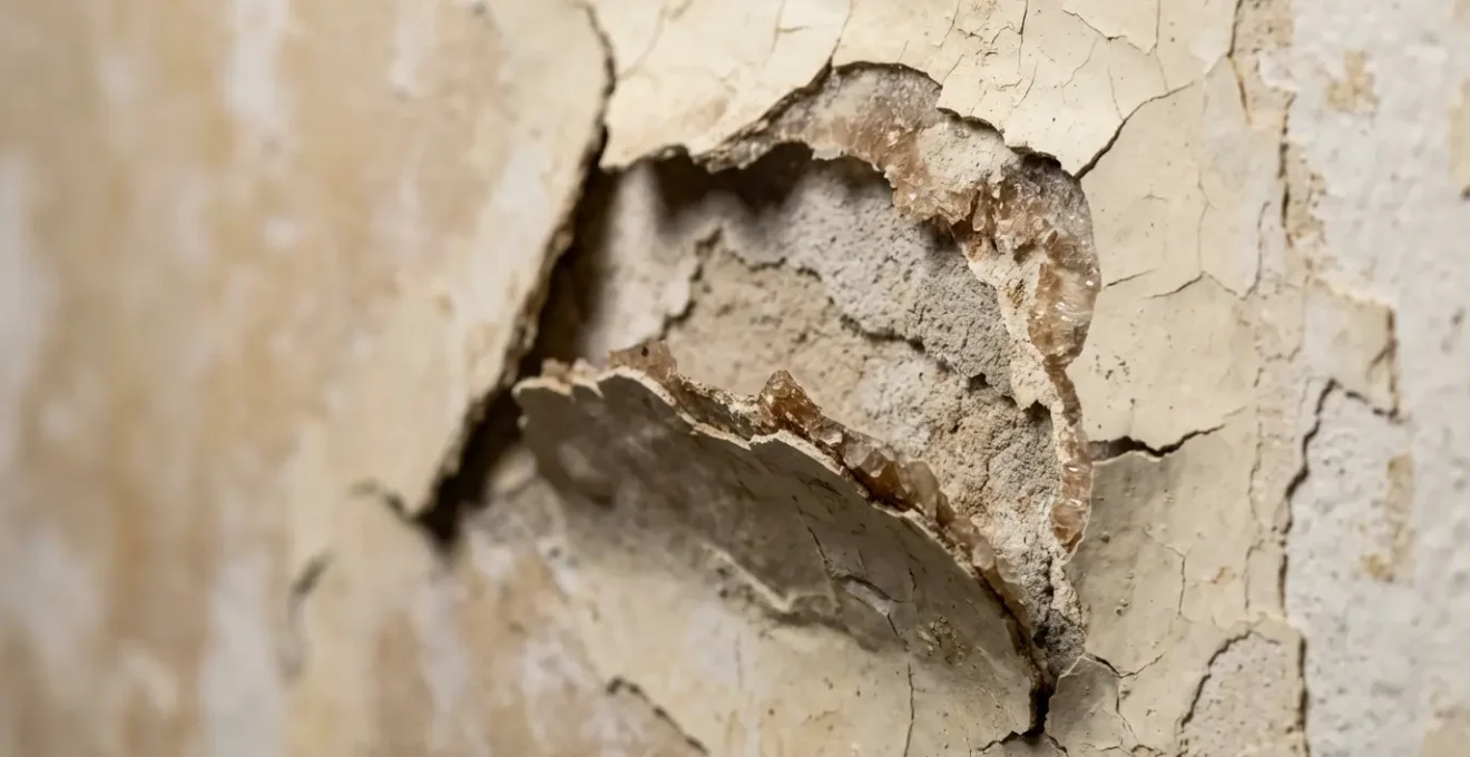 Vue en coupe d'un mur montrant le cloquage de l'enduit causé par l'humidité piégée