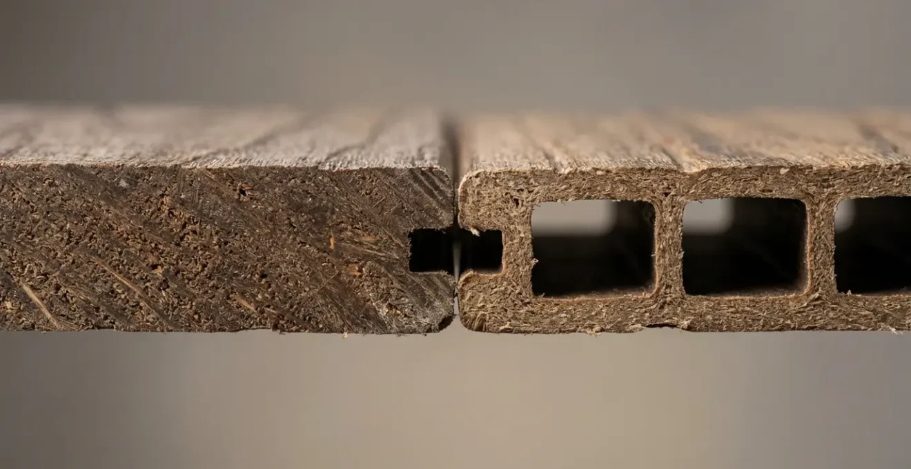 Vue macro montrant la coupe transversale de lames composites pleines et alvéolaires côte à côte