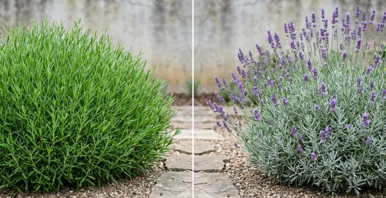 Deux pieds de lavande côte à côte montrant la différence entre feuillage dense sans fleurs et floraison normale
