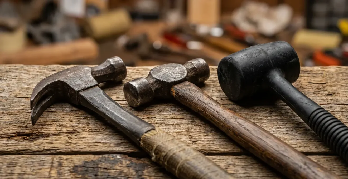 Trois types de marteaux disposés sur un établi montrant les différences de poids et de matériaux