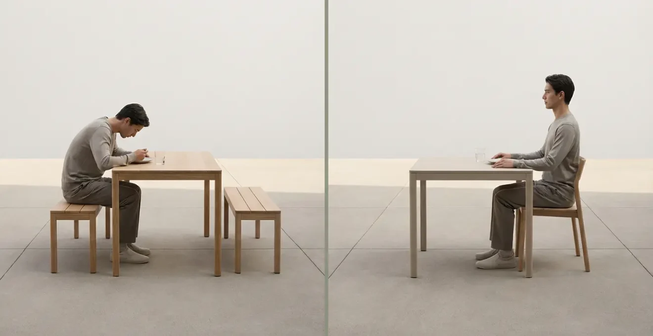 Vue latérale comparative de deux personnes mangeant à des tables de différentes hauteurs, montrant l'impact sur la courbure du dos