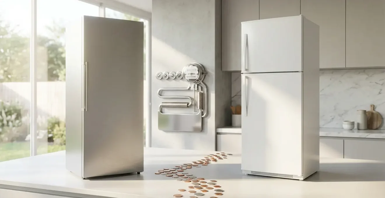 Comparaison visuelle de deux réfrigérateurs modernes côte à côte dans une cuisine lumineuse