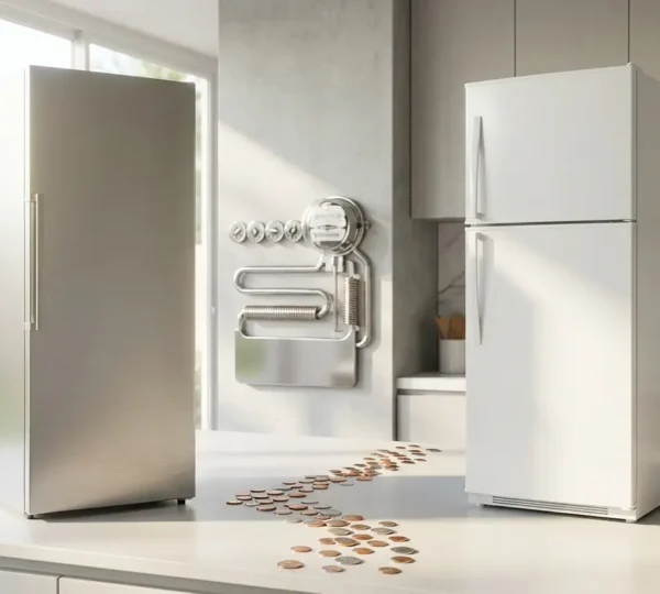 Comparaison visuelle de deux réfrigérateurs modernes côte à côte dans une cuisine lumineuse