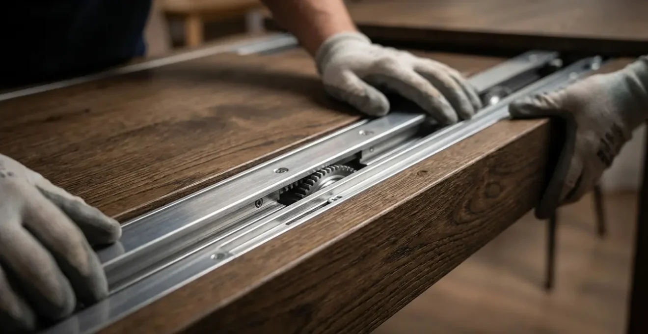 Gros plan mains manipulant mécanisme de rallonge centrale sur table extensible en bois
