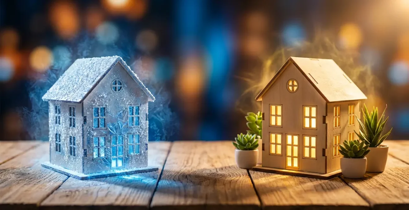 Comparaison visuelle de deux maisons avec leurs étiquettes énergétiques respectives