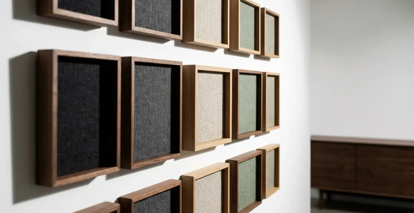 Mur gallery avec cadres acoustiques de différentes tailles et profondeurs créant un motif géométrique