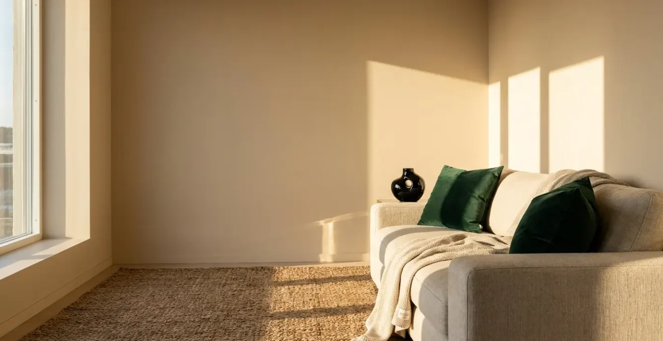 Vue d'ensemble d'un salon montrant l'application de la règle 60-30-10 avec trois textures distinctes