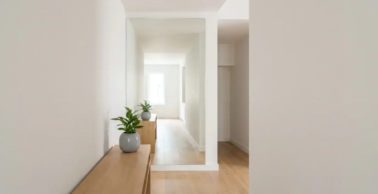 Couloir étroit avec grand miroir mural créant une illusion d'espace et de profondeur