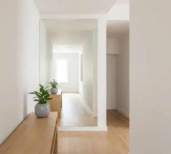 Couloir étroit avec grand miroir mural créant une illusion d'espace et de profondeur