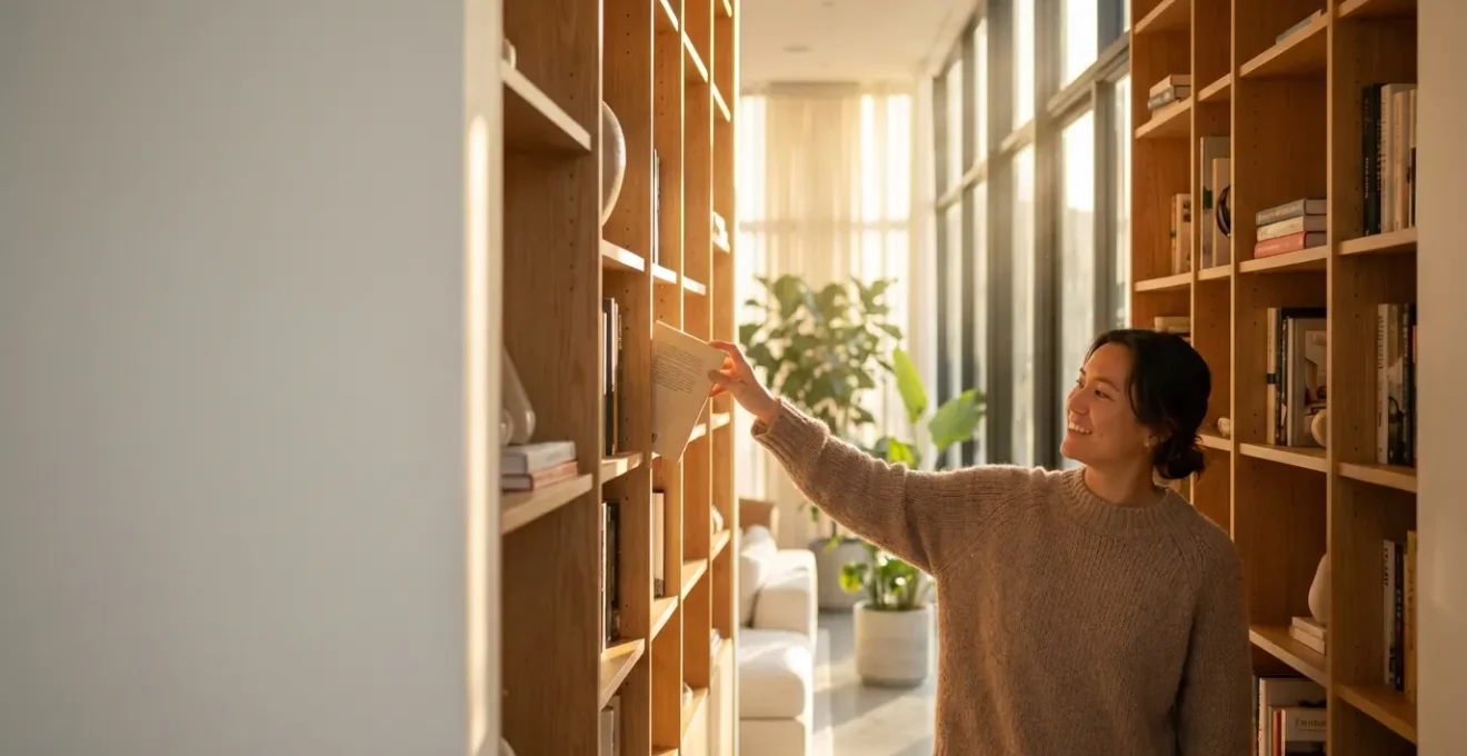 Salon moderne avec bibliothèque murale intégrée remplaçant l'ancien couloir