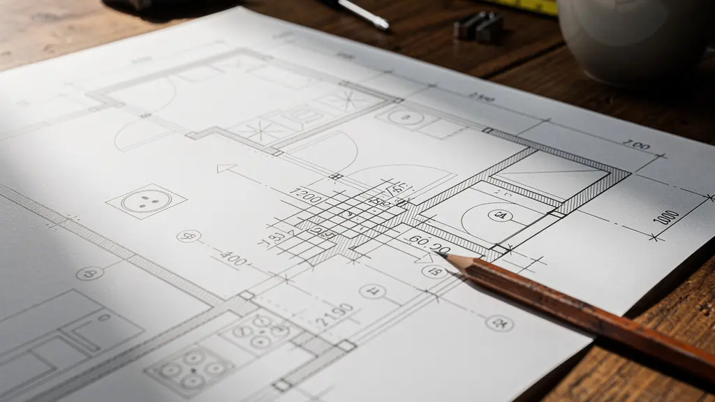 Plan technique détaillé d'une cuisine montrant l'emplacement des prises électriques et des arrivées d'eau