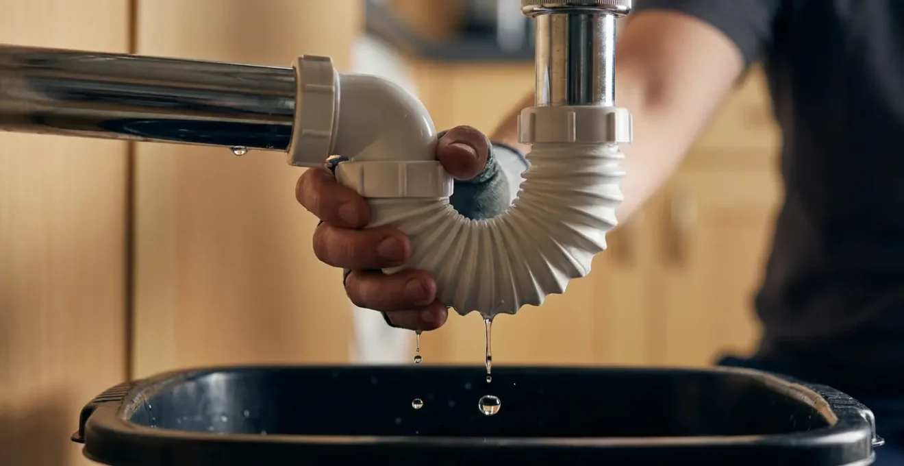 Mains démontant un siphon d'évier avec une bassine placée en dessous pour récupérer l'eau et les débris.