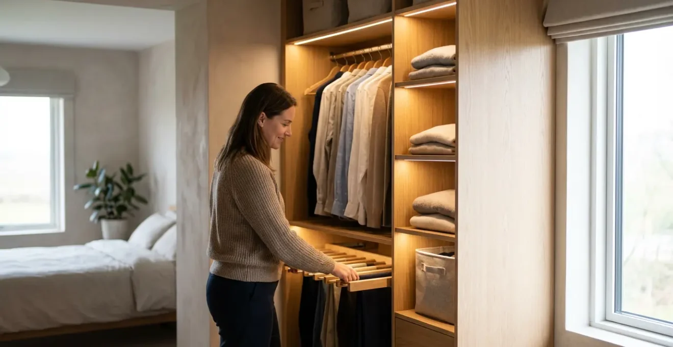 Alcôve transformée en dressing sur mesure avec accessoires coulissants et éclairage LED intégré