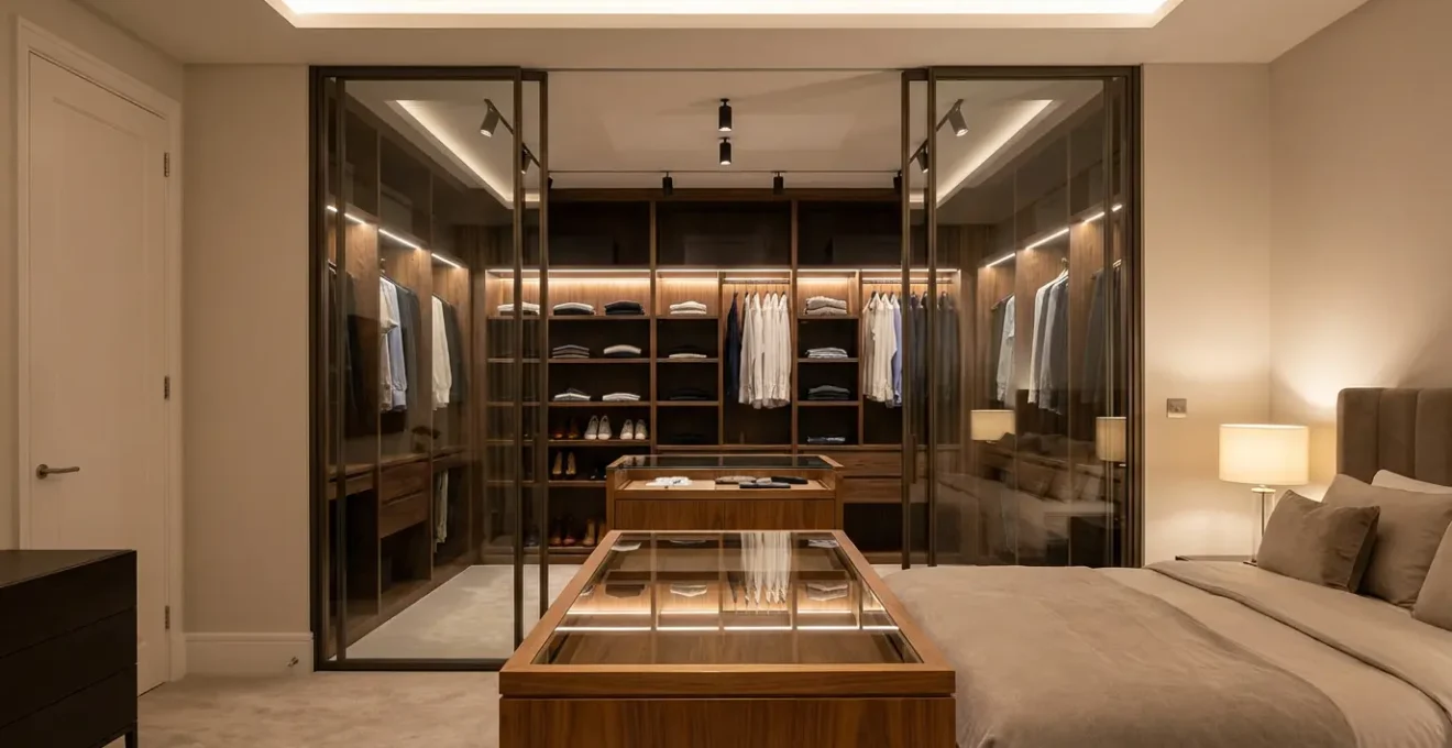 Suite parentale avec dressing sur mesure intégrant îlot central et éclairage d'ambiance