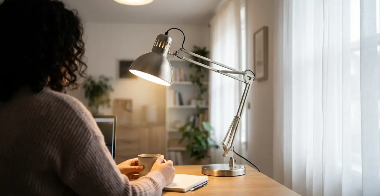 Bureau avec éclairage latéral de lampe articulée et lumière naturelle diffuse