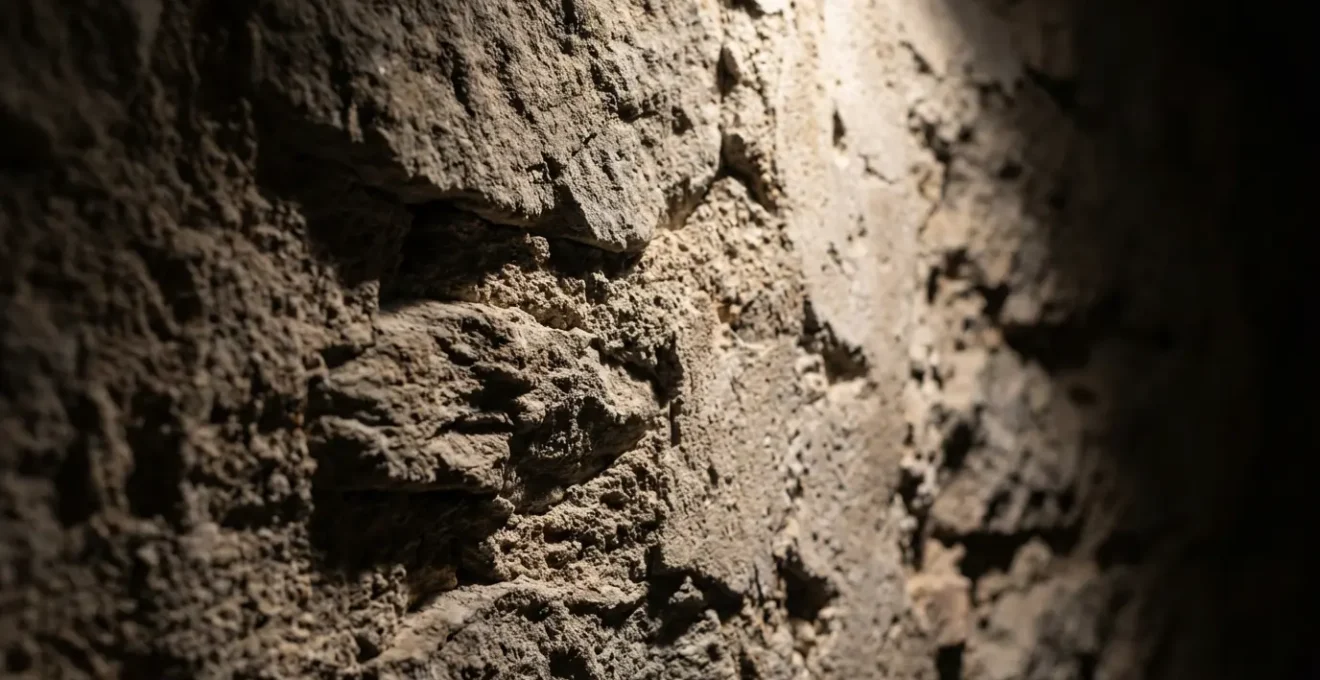 Mur texturé éclairé par un spot directionnel créant des ombres dramatiques