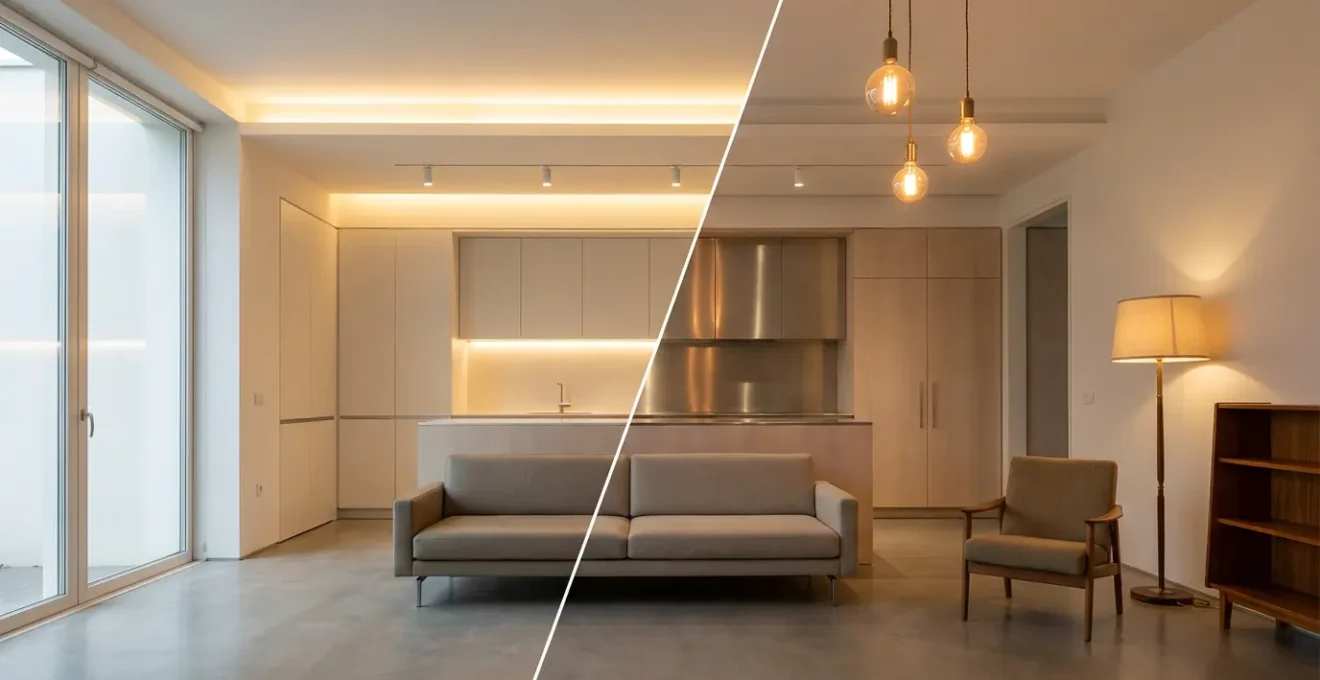 Comparaison visuelle entre ancien éclairage et luminaires LED modernes montrant l'économie d'énergie