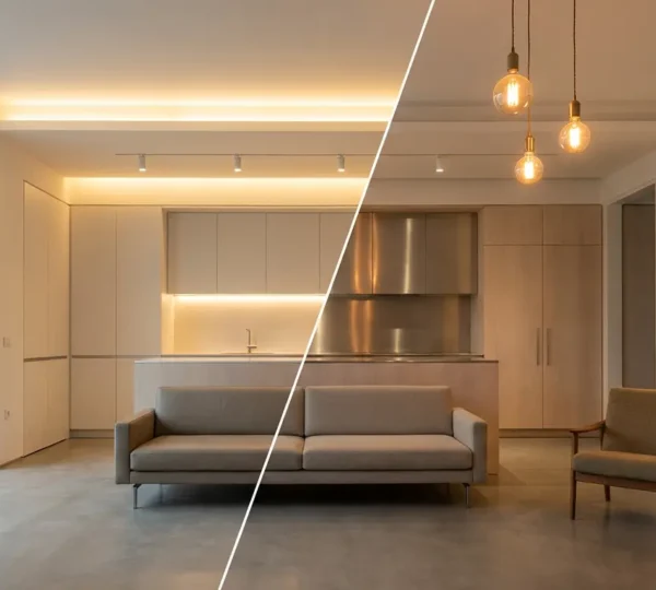 Comparaison visuelle entre ancien éclairage et luminaires LED modernes montrant l'économie d'énergie