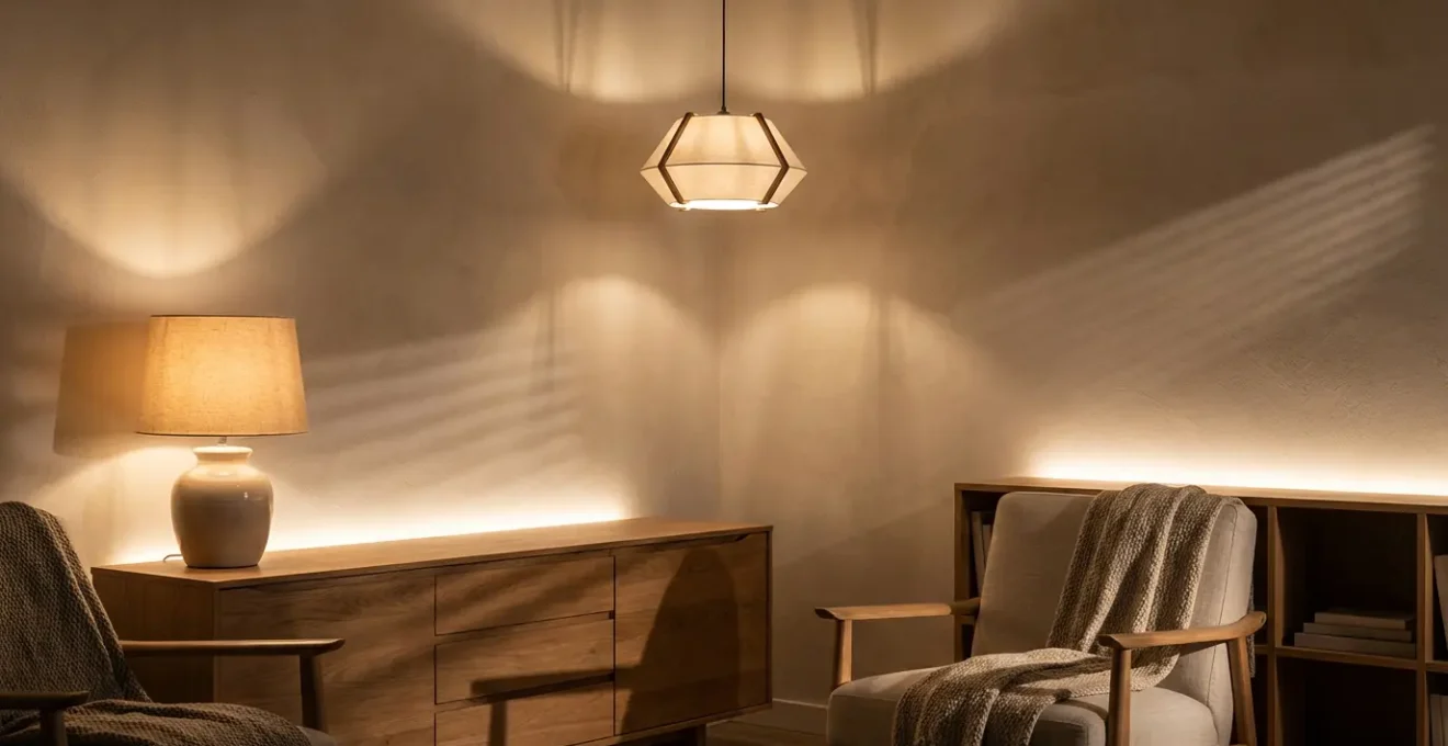 Salon avec éclairage à trois niveaux montrant la profondeur et les volumes