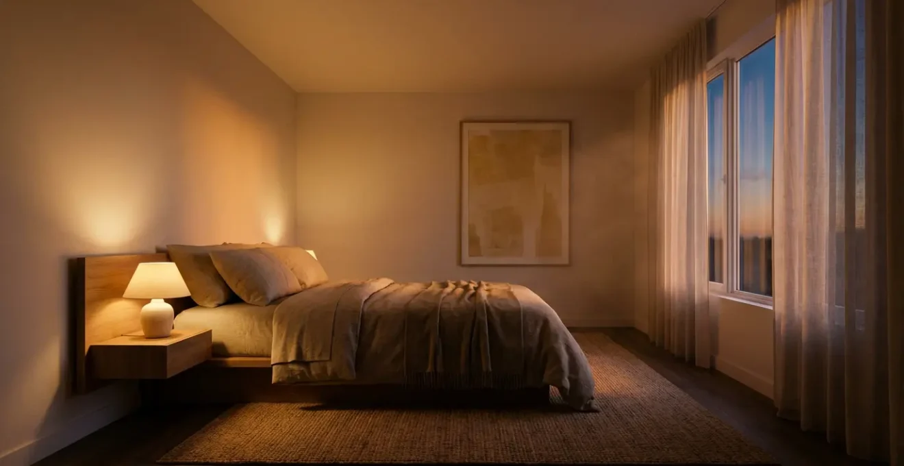 Chambre à coucher baignée d'une lumière ambrée douce avec ambiance apaisante propice au sommeil