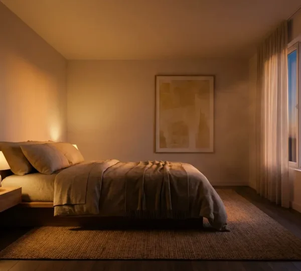 Chambre à coucher baignée d'une lumière ambrée douce avec ambiance apaisante propice au sommeil