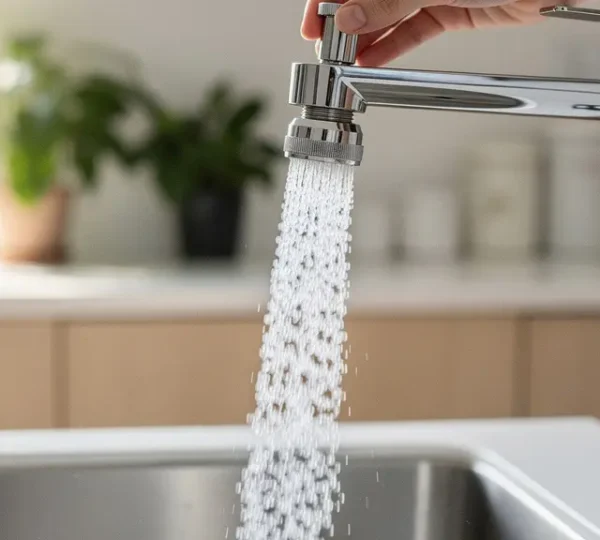 Installation d'un mousseur économiseur d'eau sur un robinet de cuisine avec gouttelettes d'eau aérées