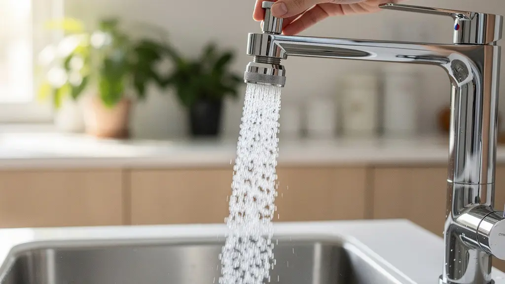 Installation d'un mousseur économiseur d'eau sur un robinet de cuisine avec gouttelettes d'eau aérées