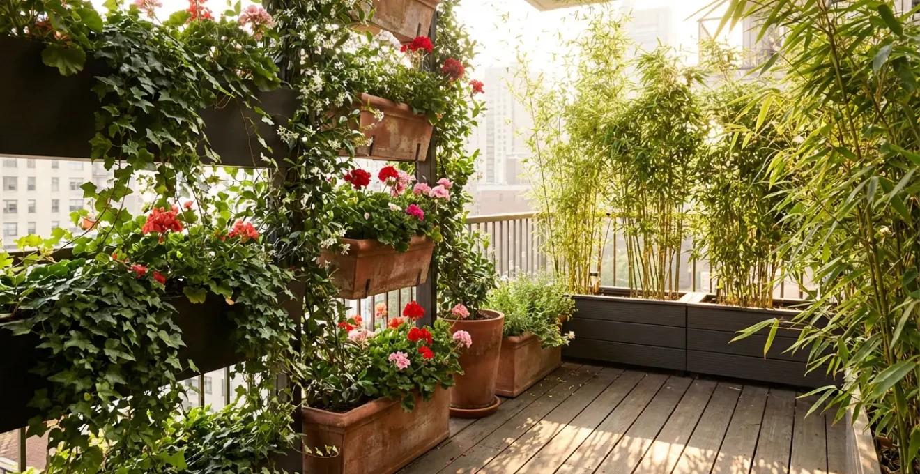 Écran végétal luxuriant sur un petit balcon urbain avec plantes grimpantes et jardinières suspendues