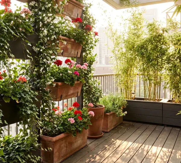 Écran végétal luxuriant sur un petit balcon urbain avec plantes grimpantes et jardinières suspendues