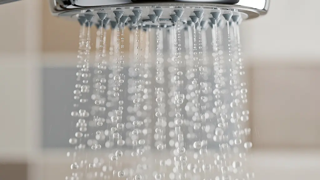 Vue macro d'une douchette économique montrant les micro-bulles d'air mélangées à l'eau