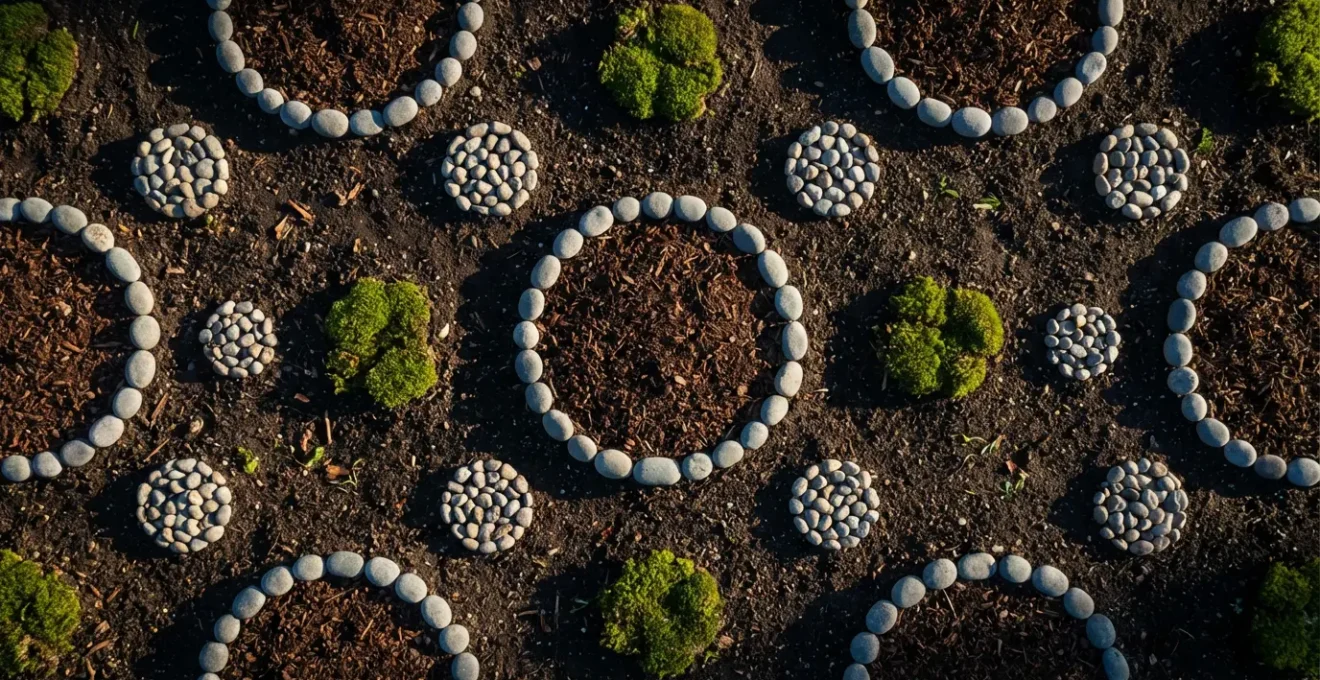 Vue aérienne montrant l'espacement correct des plantes dans un massif de jardin