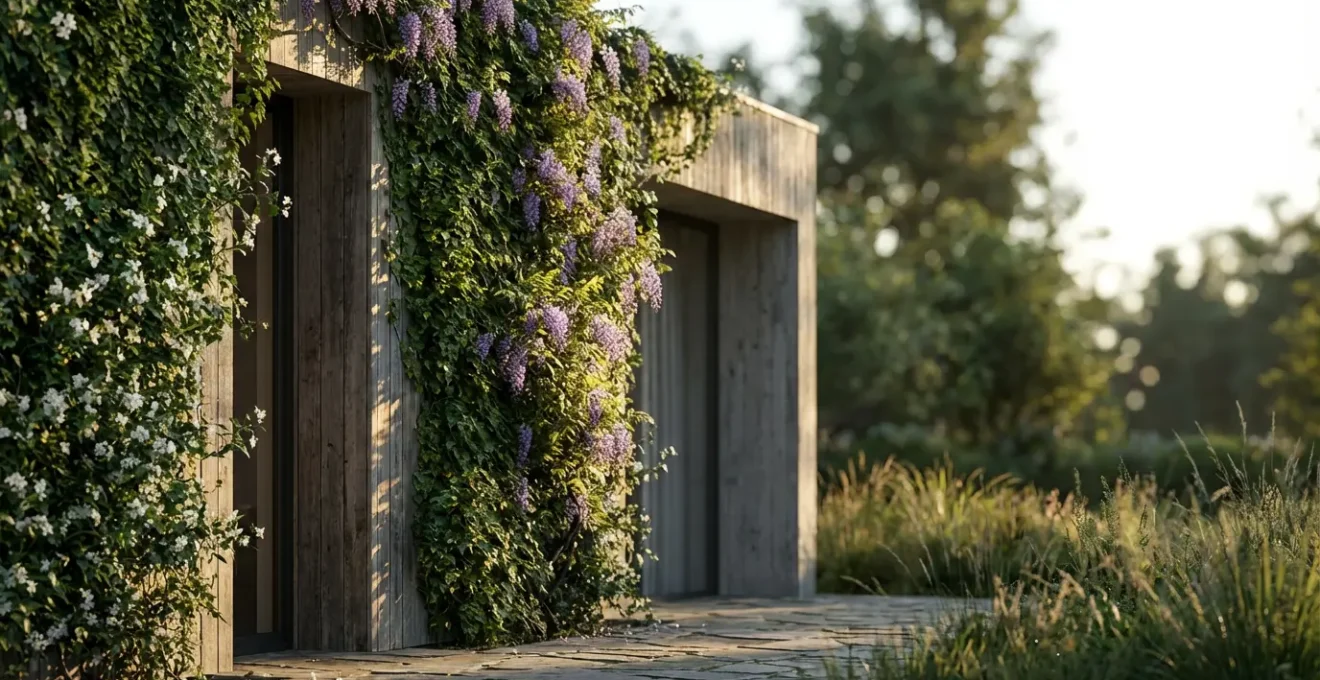 Façade de maison avec des plantes grimpantes luxuriantes créant de l'ombre et de la fraîcheur