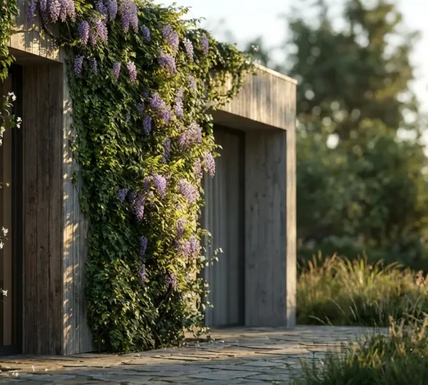 Façade de maison avec des plantes grimpantes luxuriantes créant de l'ombre et de la fraîcheur