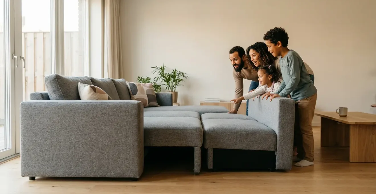 Famille heureuse analysant différents meubles modulables dans un salon lumineux avec canapé transformable