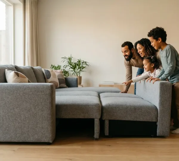 Famille heureuse analysant différents meubles modulables dans un salon lumineux avec canapé transformable