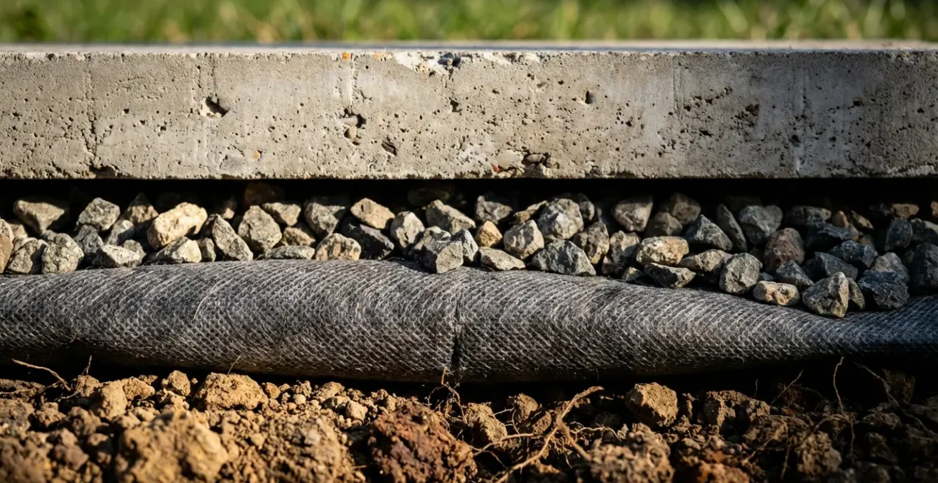 Vue en coupe d'une fondation drainante pour abri bûches montrant les différentes couches : gravier, géotextile et plots béton